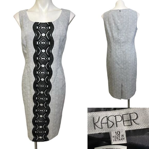 Kasper dress size 10 gray black fully lined sleeveless sheath office church -3 - Picture 1 of 6
